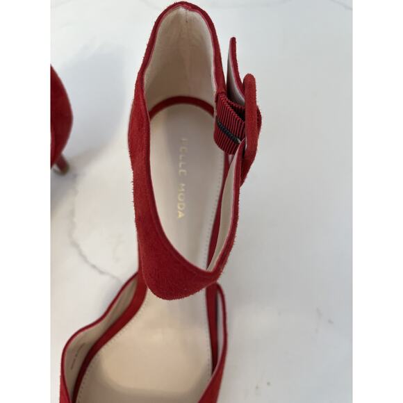 Pelle Moda Red Suede Ankle Buckle 2" Patent Heel Open Toe Size 9.5 Worn Once - Picture 6 of 8